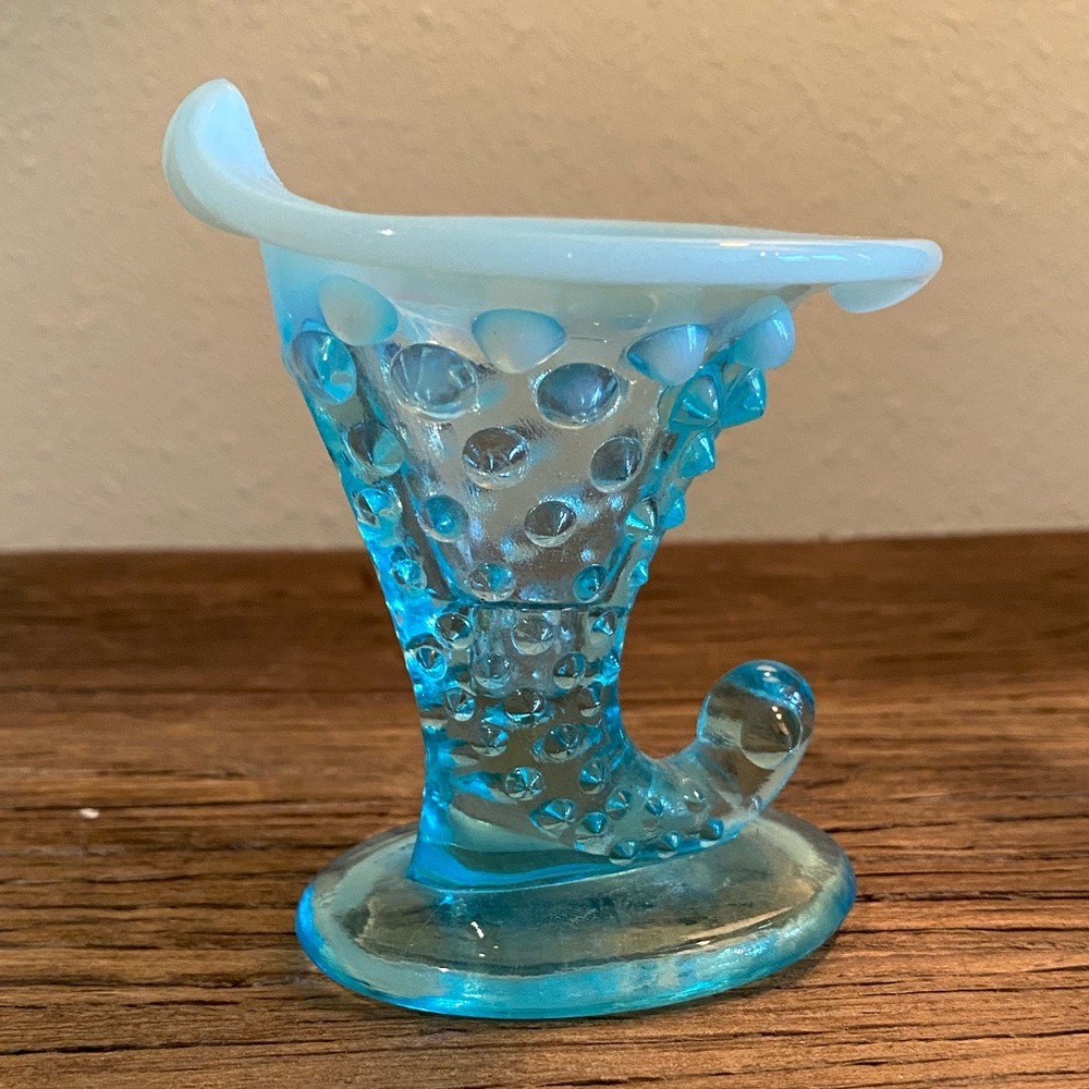 Fenton Blue Opalescent Hobnail Horn of Plenty 
Small Vase - Picture 8 of 8